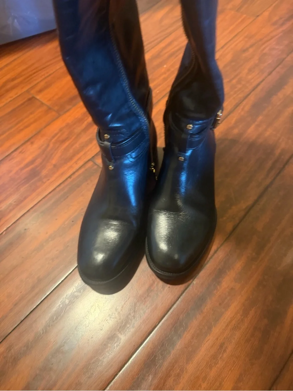 Tory Burch Black Leather Riding Boots with Gold Buckle - Picture 13 of 13